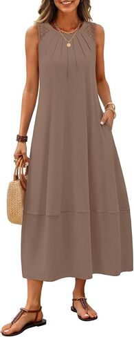 MEROKEETY Women's Summer Boho Maxi Dress 2026 Pleated Lace Hollow Out Beach Vacation Sundresses Sleeveless Tank Dress in Saudi Arabia