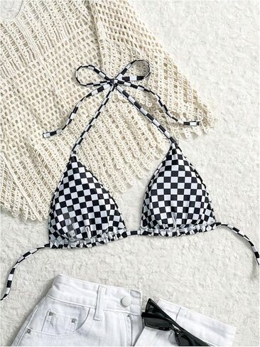 SOLY HUX Women's Plaid Triangle Bikini Top Only Halter Padded Swimsuit Tops Cute Swimwear in Saudi Arabia