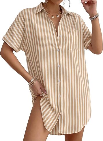 MANGOPOP Swimsuit Coverup for Women Striped Bathing Suit Cover Up Button Down Shirt Beach Cover Ups Dress 2026 Summer Outfits in Saudi Arabia