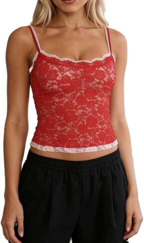 Women Y2K Lace Crop Cami Top Sexy Color Block Sheer Mesh See Through Tank Top Retro Slim Fit Fake Two Piece Camisole in Saudi Arabia