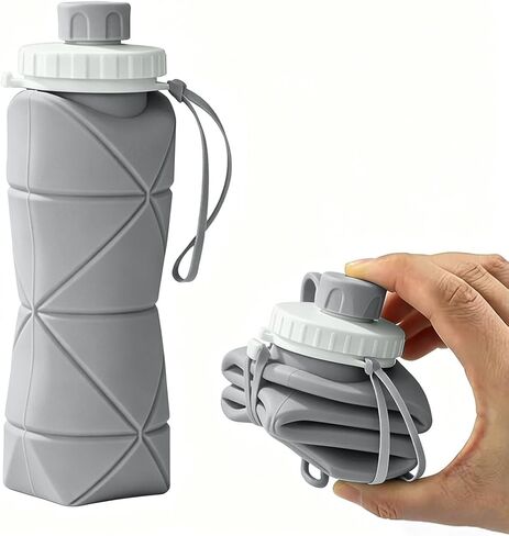 Collapsible Water Bottle 21oz (600ML) Silicone Foldable Reusable Leakproof Travel Water Bottle with Wrist Strap, Lightweight Portable Folding Bottle for Gym, Hiking, Camping & Travel, Gray in Saudi Arabia