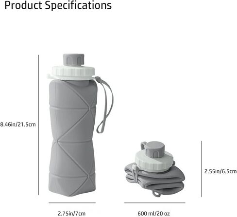 Collapsible Water Bottle 21oz (600ML) Silicone Foldable Reusable Leakproof Travel Water Bottle with Wrist Strap, Lightweight Portable Folding Bottle for Gym, Hiking, Camping & Travel, Gray in Saudi Arabia