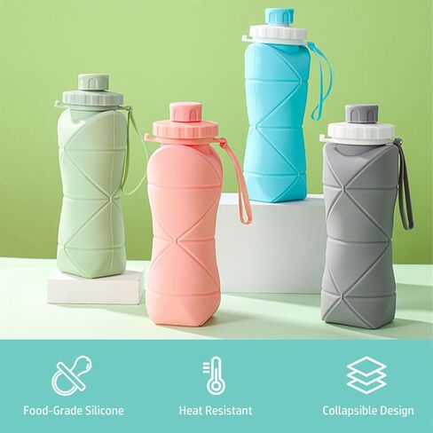 Collapsible Water Bottle 21oz (600ML) Silicone Foldable Reusable Leakproof Travel Water Bottle with Wrist Strap, Lightweight Portable Folding Bottle for Gym, Hiking, Camping & Travel, Gray in Saudi Arabia