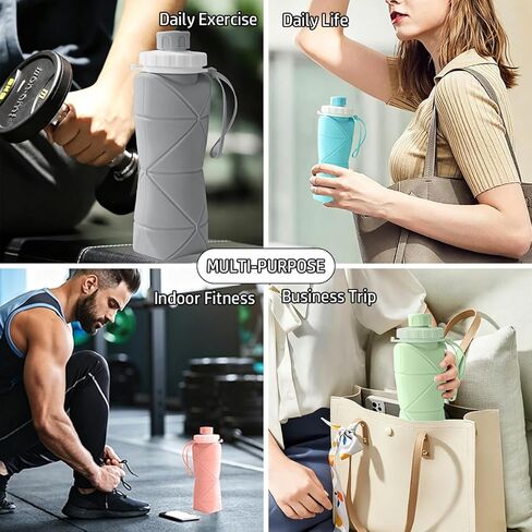 Collapsible Water Bottle 21oz (600ML) Silicone Foldable Reusable Leakproof Travel Water Bottle with Wrist Strap, Lightweight Portable Folding Bottle for Gym, Hiking, Camping & Travel, Gray in Saudi Arabia
