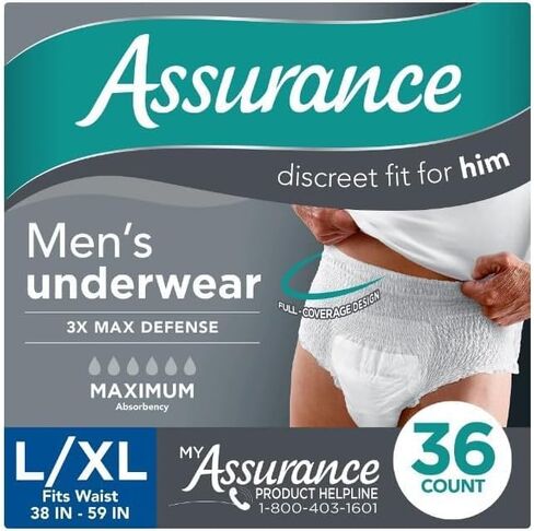 Assurance Men's Incontinence Underwear, L/XL, Maximum Absorbency ~ 36 Count ~ X-Large ~ White/Gray in Kuwait