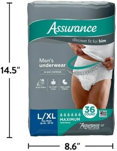 Assurance Men's Incontinence Underwear, L/XL, Maximum Absorbency ~ 36 Count ~ X-Large ~ White/Gray in Kuwait