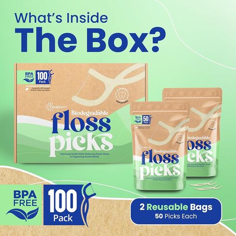 Biodegradable Floss Picks, 100 Count, 2 Cases, Dental Floss Picks that are Plant-Based, Non-Toxic flossers Biodegradable, Sustainable Vegan Floss, Also eco-Friendly Tooth flossers,Oral Care Solution in Kuwait