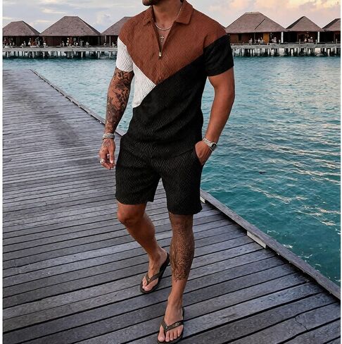 Men's Track Suit 2 Piece Color Block Letter Graphic Short Sleeve Polo & Shorts Set in Saudi Arabia