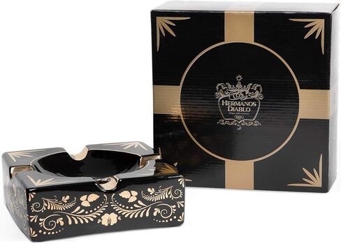 Hermanos Diablo Large Cigar Ashtray for Outdoor Outside Patio Indoor, Black Gold Ceramic Ash Tray Fancy & Cool 4 holders perfect cenicero for your cigarros, Luxury Ashtrays for men in Kuwait