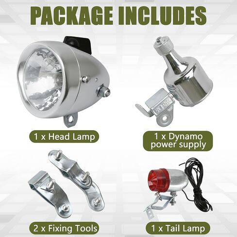 Dynamo Bike Light Kit Vintage Motorized Bicycle Friction 12V 6W Generator Headlight & Tail Light Lamp Retro Style Universal Set, Includes Lights & Parts in Kuwait