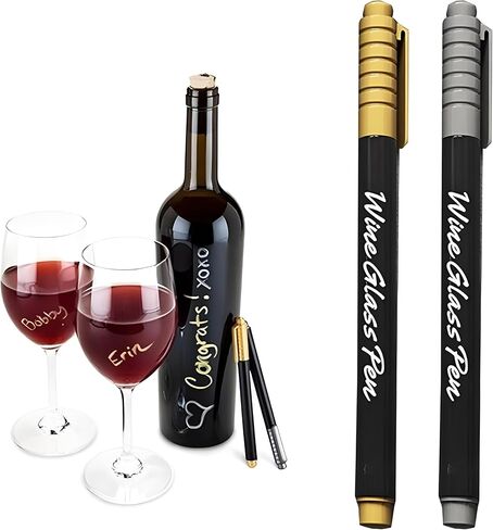 Bexter Reusable Metallic Wine Glass Marker Set of 2 | Quick-Dry Smudge-Free Pens | Erasable Gold & Silver Ink for Events, Parties, Weddings, and Celebrations in Kuwait