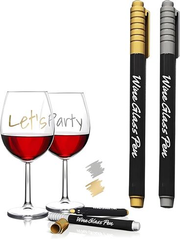 Bexter Reusable Metallic Wine Glass Marker Set of 2 | Quick-Dry Smudge-Free Pens | Erasable Gold & Silver Ink for Events, Parties, Weddings, and Celebrations in Kuwait