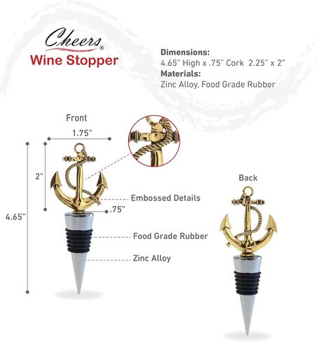 Cheers Gold Anchor Metal Wine Stopper - Elegant Vacuum Seal Reusable Nautical Ship Anchor Wine Bottle Stopper Airtight Leak Proof Bottle Topper Cork Plug, Home Decor & Bar Tool Accessory Unique Gift in Kuwait