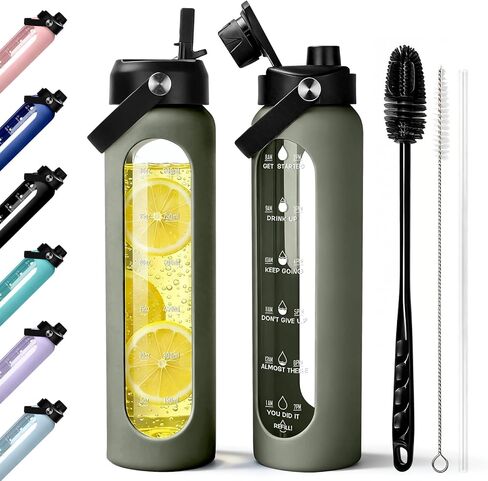 Aqulea 32 oz Glass Water Bottle with 2 Lids – Spout & Straw Lids, 1L Motivational Borosilicate Glass Water Bottle with Time Marker & Silicone Sleeve, Leakproof (Sage) in Saudi Arabia