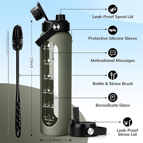 Aqulea 32 oz Glass Water Bottle with 2 Lids – Spout & Straw Lids, 1L Motivational Borosilicate Glass Water Bottle with Time Marker & Silicone Sleeve, Leakproof (Sage) in Saudi Arabia