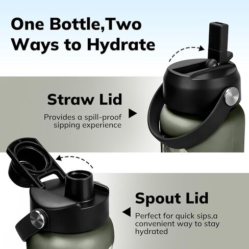 Aqulea 32 oz Glass Water Bottle with 2 Lids – Spout & Straw Lids, 1L Motivational Borosilicate Glass Water Bottle with Time Marker & Silicone Sleeve, Leakproof (Sage) in Saudi Arabia