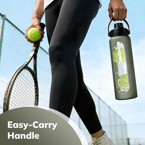 Aqulea 32 oz Glass Water Bottle with 2 Lids – Spout & Straw Lids, 1L Motivational Borosilicate Glass Water Bottle with Time Marker & Silicone Sleeve, Leakproof (Sage) in Saudi Arabia