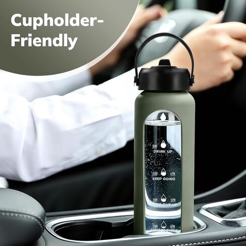 Aqulea 32 oz Glass Water Bottle with 2 Lids – Spout & Straw Lids, 1L Motivational Borosilicate Glass Water Bottle with Time Marker & Silicone Sleeve, Leakproof (Sage) in Saudi Arabia