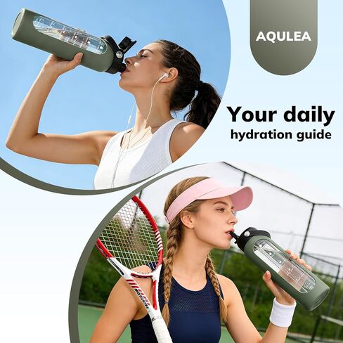 Aqulea 32 oz Glass Water Bottle with 2 Lids – Spout & Straw Lids, 1L Motivational Borosilicate Glass Water Bottle with Time Marker & Silicone Sleeve, Leakproof (Sage) in Saudi Arabia
