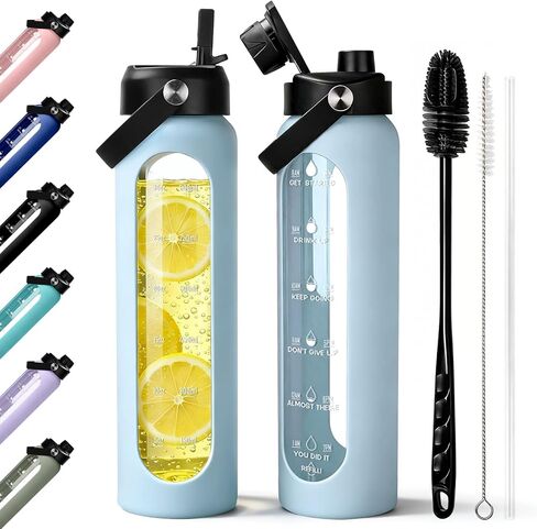 Aqulea 32 oz Glass Water Bottle with 2 Lids – Spout & Straw Lids, 1L Motivational Borosilicate Glass Water Bottle with Time Marker & Silicone Sleeve, Leakproof (Sage) in Saudi Arabia