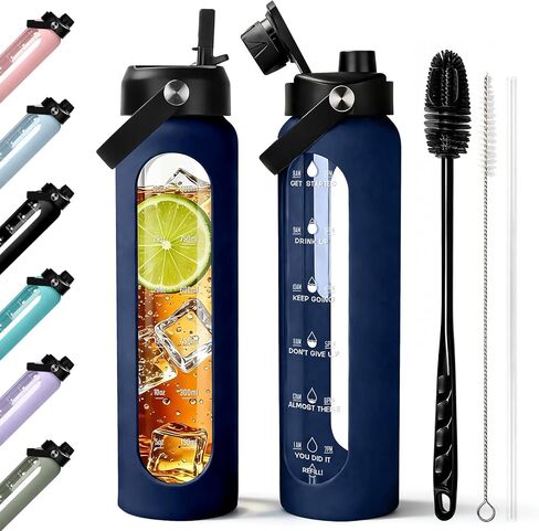 Aqulea 32 oz Glass Water Bottle with 2 Lids – Spout & Straw Lids, 1L Motivational Borosilicate Glass Water Bottle with Time Marker & Silicone Sleeve, Leakproof (Sage) in Saudi Arabia