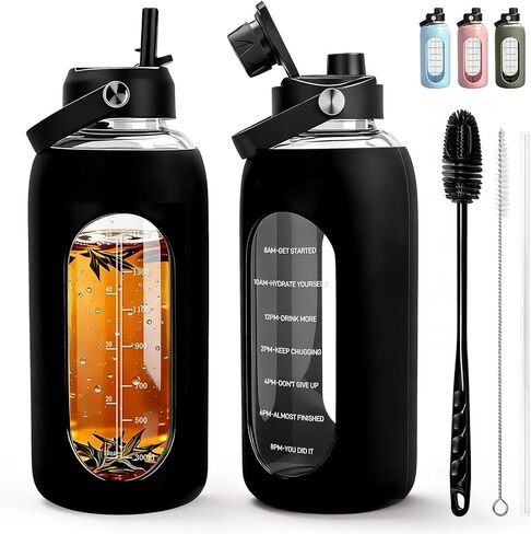 Aqulea 32 oz Glass Water Bottle with 2 Lids – Spout & Straw Lids, 1L Motivational Borosilicate Glass Water Bottle with Time Marker & Silicone Sleeve, Leakproof (Sage) in Saudi Arabia