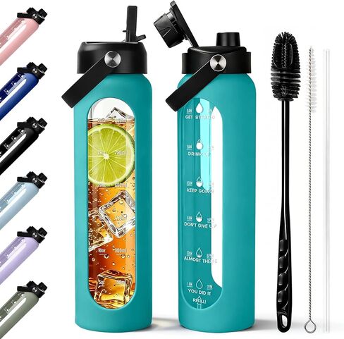 Aqulea 32 oz Glass Water Bottle with 2 Lids – Spout & Straw Lids, 1L Motivational Borosilicate Glass Water Bottle with Time Marker & Silicone Sleeve, Leakproof (Sage) in Saudi Arabia