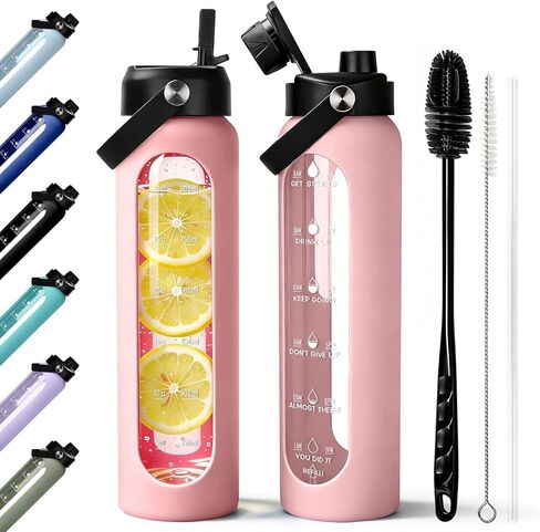Aqulea 32 oz Glass Water Bottle with 2 Lids – Spout & Straw Lids, 1L Motivational Borosilicate Glass Water Bottle with Time Marker & Silicone Sleeve, Leakproof (Sage) in Saudi Arabia
