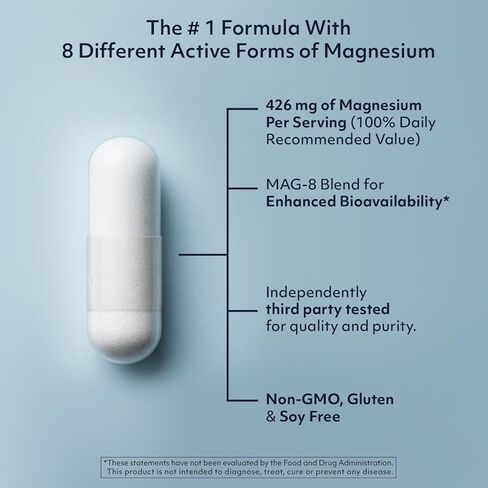 8 in 1 Magnesium Complex for Women & Men 426mg | 180 Vegan Capsules | MAG-8 Blend: Citrate, Bisglycinate, Malate, & More | Non-GMO Magnesio Complex Supplement | Provides 100% Daily Recommended Value in Kuwait