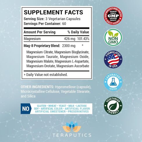 8 in 1 Magnesium Complex for Women & Men 426mg | 180 Vegan Capsules | MAG-8 Blend: Citrate, Bisglycinate, Malate, & More | Non-GMO Magnesio Complex Supplement | Provides 100% Daily Recommended Value in Kuwait