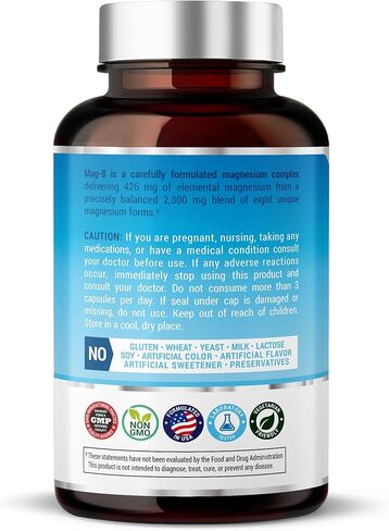 8 in 1 Magnesium Complex for Women & Men 426mg | 180 Vegan Capsules | MAG-8 Blend: Citrate, Bisglycinate, Malate, & More | Non-GMO Magnesio Complex Supplement | Provides 100% Daily Recommended Value in Kuwait