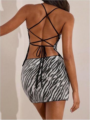 Verdusa Women's Going Out Tops Y2K Sequin Halter Crop Top Criss Cross Backless Rave Party Outfits in Saudi Arabia