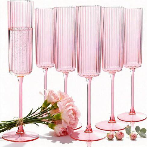 36 Pack Pink Plastic Champagne Flutes - 6oz Ribbed Disposable Champagne Glasses - Clear Pink Vintage Mimosa Glasses with Long Stem Elegant & Lightweight for Wedding Party Mother‘s Day in Saudi Arabia