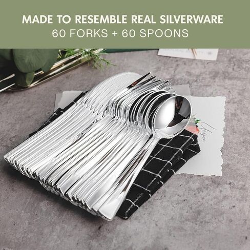 Silver Disposable Cutlery Set, 120 Count Spoons + Forks, Plastic Silverware Set, Perfect for Parties, Holiday Gatherings, Picnics, and Stocking the Pantry in Kuwait