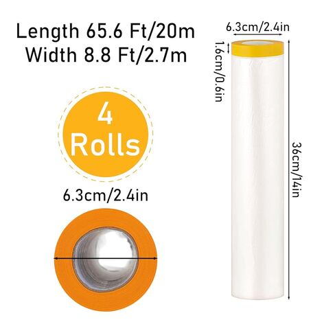 Pre-Taped Masking Film, 4 Rolls 8.8 x 65 Feet Plastic Sheeting, Painters Drop Cloth for Automotive, Furniture, and Appliance Protection in Kuwait