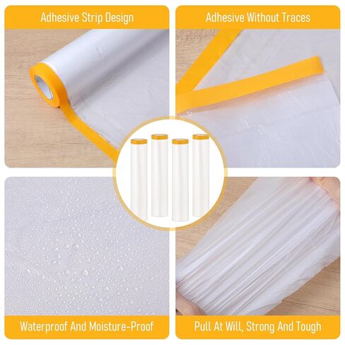 Pre-Taped Masking Film, 4 Rolls 8.8 x 65 Feet Plastic Sheeting, Painters Drop Cloth for Automotive, Furniture, and Appliance Protection in Kuwait