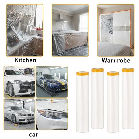 Pre-Taped Masking Film, 4 Rolls 8.8 x 65 Feet Plastic Sheeting, Painters Drop Cloth for Automotive, Furniture, and Appliance Protection in Kuwait