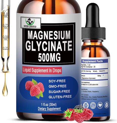 Pure Magnesium Glycinate | Liquid Magnesium Supplement 500mg for Sleep, Nerve, Bone and Heart Health | Vegan Glycinate Mag Liquid Drops 6X High Absorption | Non-GMO, Gluten-Free | 30 Servings in Kuwait