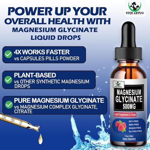 Pure Magnesium Glycinate | Liquid Magnesium Supplement 500mg for Sleep, Nerve, Bone and Heart Health | Vegan Glycinate Mag Liquid Drops 6X High Absorption | Non-GMO, Gluten-Free | 30 Servings in Kuwait