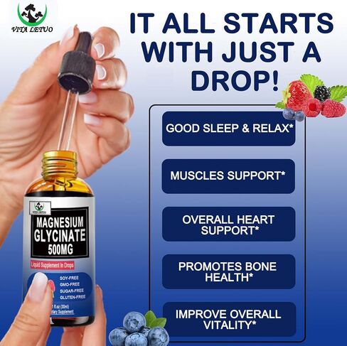 Pure Magnesium Glycinate | Liquid Magnesium Supplement 500mg for Sleep, Nerve, Bone and Heart Health | Vegan Glycinate Mag Liquid Drops 6X High Absorption | Non-GMO, Gluten-Free | 30 Servings in Kuwait