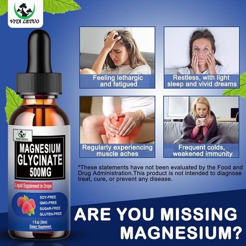 Pure Magnesium Glycinate | Liquid Magnesium Supplement 500mg for Sleep, Nerve, Bone and Heart Health | Vegan Glycinate Mag Liquid Drops 6X High Absorption | Non-GMO, Gluten-Free | 30 Servings in Kuwait