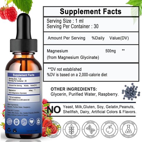 Pure Magnesium Glycinate | Liquid Magnesium Supplement 500mg for Sleep, Nerve, Bone and Heart Health | Vegan Glycinate Mag Liquid Drops 6X High Absorption | Non-GMO, Gluten-Free | 30 Servings in Kuwait