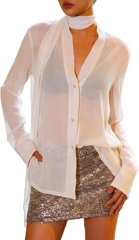 بلوزة نسائية شفافة بأكمام طويلة من Prettywear، بلوزة شبكية مثيرة للخروج، قميص برقبة على شكل حرف V مع ربطة عنق in Kuwait