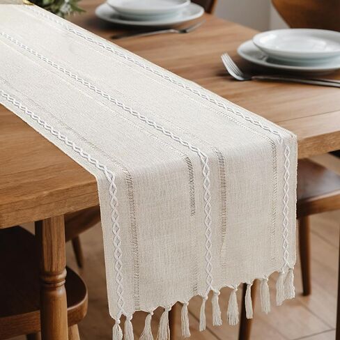 Table Runner with Tassels in Boho Style - Cotton Linen, Machine Washable - Elegant Décor for Dining Table, Kitchen, Living Room - Perfect for Everyday Use or Special Occasions (13x72 in, Ivory) in Kuwait