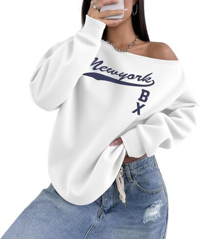 New York Graphic Sweatshirts for Women Off Shoulder Sweatshirt Oversized Letter Long Sleeve Shirts Y2k Pullover Tops in Saudi Arabia