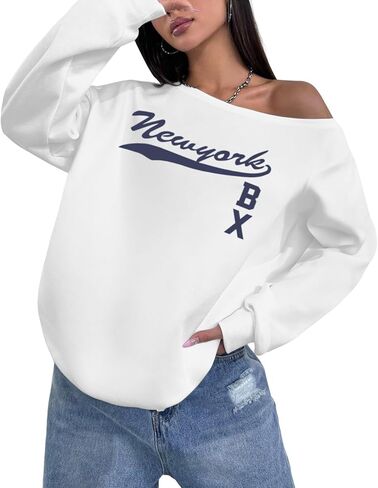 New York Graphic Sweatshirts for Women Off Shoulder Sweatshirt Oversized Letter Long Sleeve Shirts Y2k Pullover Tops in Saudi Arabia