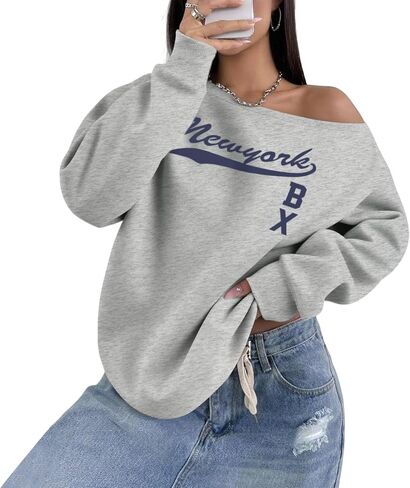 New York Graphic Sweatshirts for Women Off Shoulder Sweatshirt Oversized Letter Long Sleeve Shirts Y2k Pullover Tops in Saudi Arabia