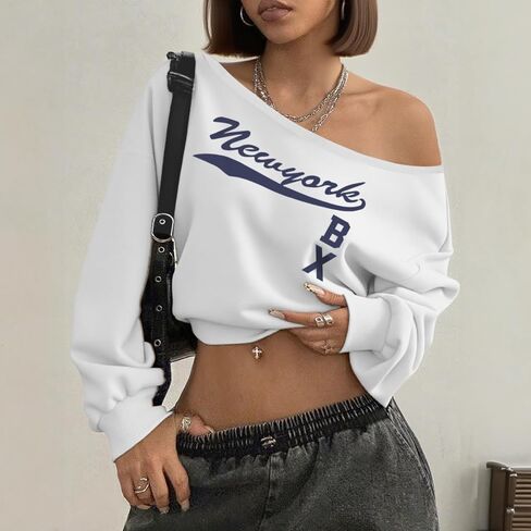 New York Graphic Sweatshirts for Women Off Shoulder Sweatshirt Oversized Letter Long Sleeve Shirts Y2k Pullover Tops in Saudi Arabia
