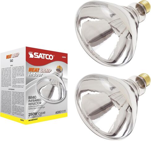 Satco S4999-250 Watt BR40 Heat Lamp Bulb, Clear Finish, Incandescent Reflector, Medium E26 Base, 2700K Warm White, 120V, Dimmable, 6000 Hour Life, CSAus Listed (2 Pack) in Kuwait