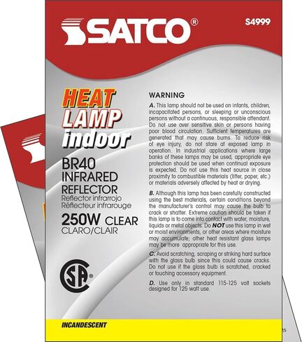 Satco S4999-250 Watt BR40 Heat Lamp Bulb, Clear Finish, Incandescent Reflector, Medium E26 Base, 2700K Warm White, 120V, Dimmable, 6000 Hour Life, CSAus Listed (2 Pack) in Kuwait